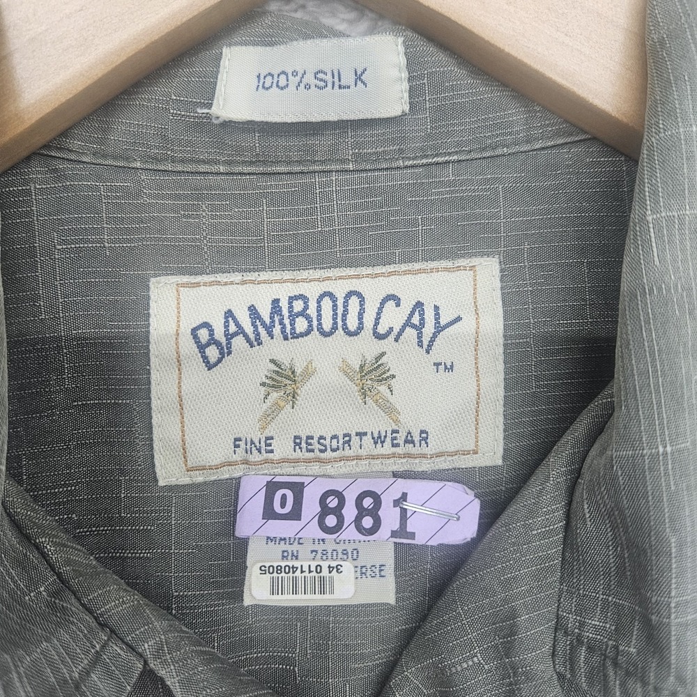 Bamboo Cay Silk Shirt Mens M Olive Green Embroidered Resort Camp Hawaiian Beach - Picture 8 of 13